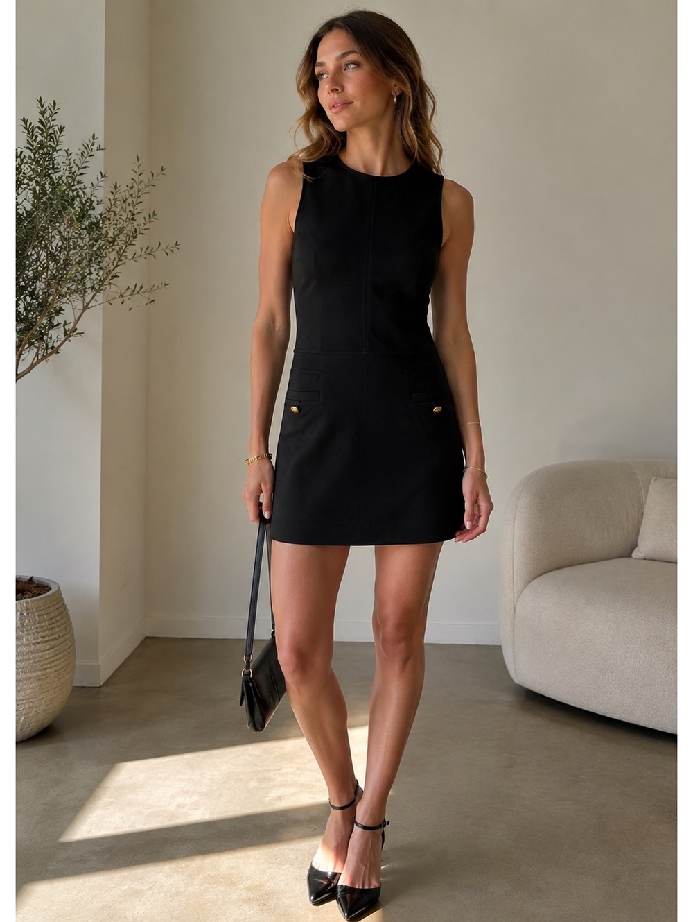 Massimo Dutti Black Sleeveless Mini Dress with Pocket Detail